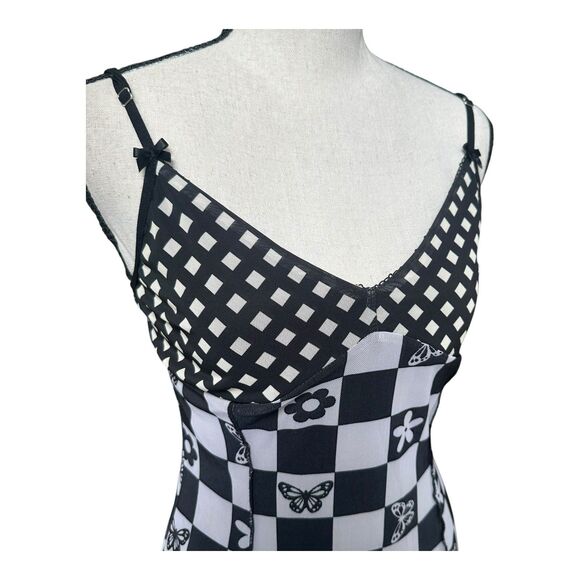 Forever 21 Black White Checkerboard Butterfly Floral Mini Slip Dress M - Picture 3 of 9